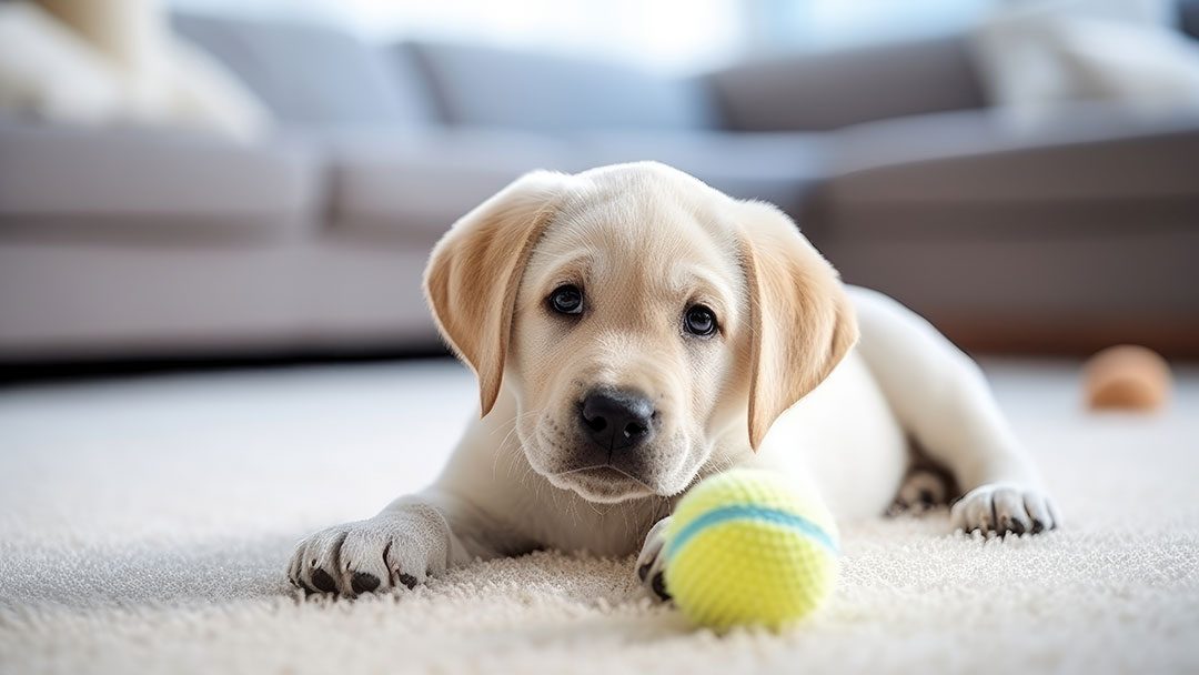 A beige labrador puppy with a ball lying down on a beige carpet in a living room.